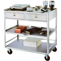 Stainless Steel Equipment Stands, 300 lbs. Capacity, Stainless Steel, 20"/20-1/8" x W, 35" x H, 37"/36-3/8" D, Knocked Down, 2 Drawers MK980 | Caster Town