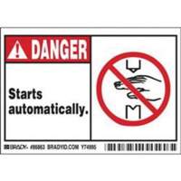 "Danger Starts Automatically" Sign, 3-1/2" x 5", Polyester, English with Pictogram SY370 | Caster Town