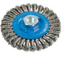 Wide Knotted Wire Wheel Brush, 4-1/2" Dia., 0.02" Fill, 5/8"-11 Arbor, Aluminum/Stainless Steel UE936 | Caster Town